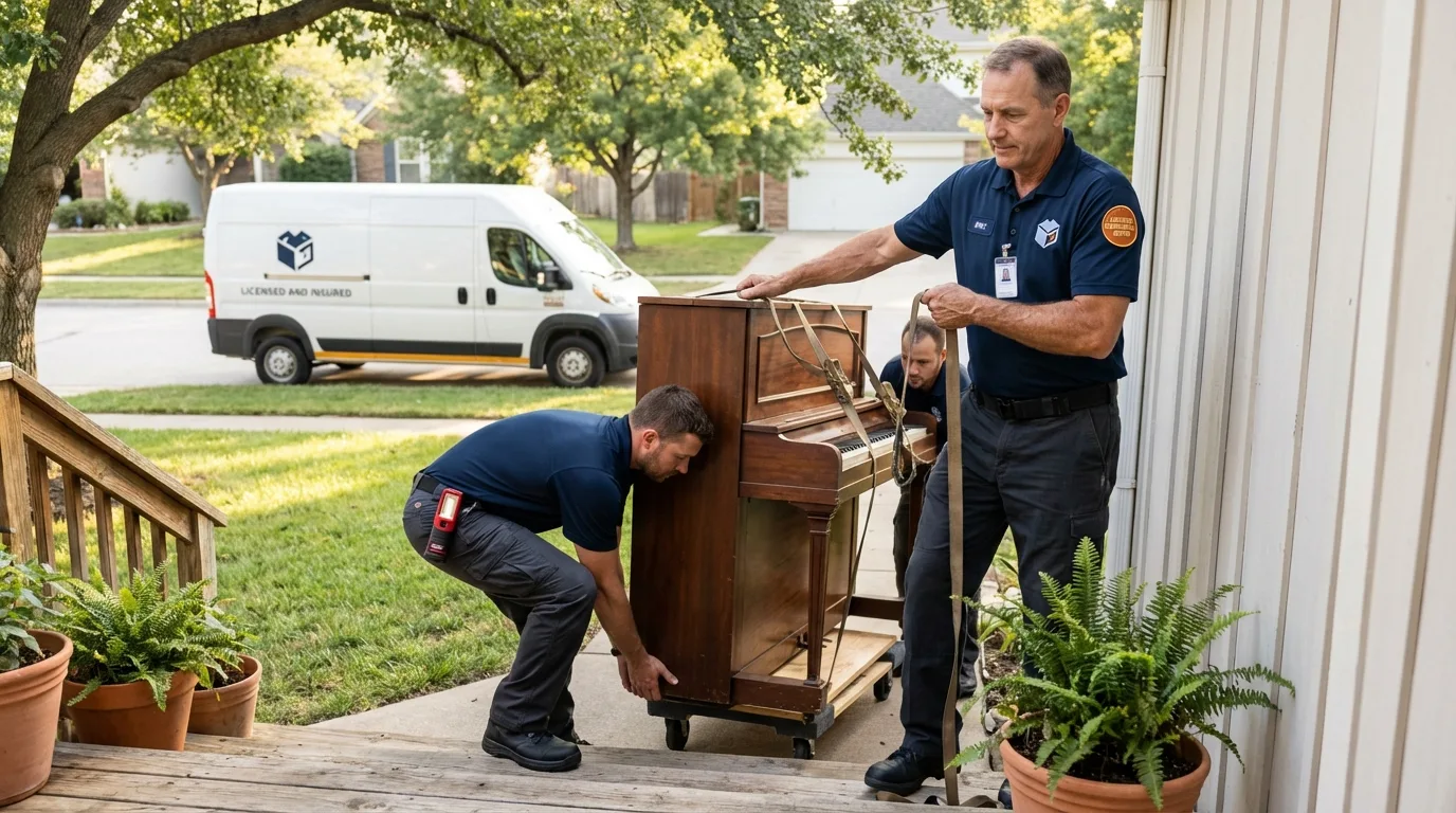 Licensed piano movers securing grand piano in Stryker, OH