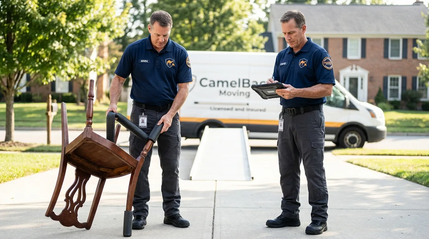 Movers inspecting furniture for damage prevention before loading in Stryker, OH