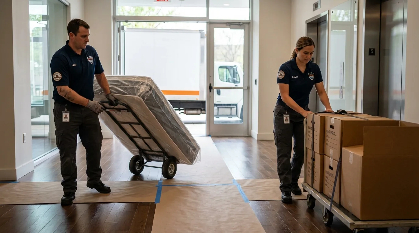 Professional apartment movers loading elevator in Stryker, OH