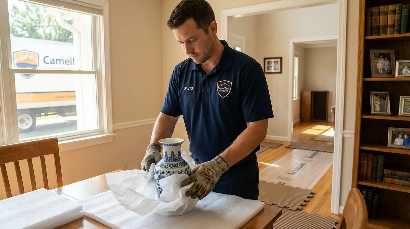 Professional crew carefully wrapping antique vase for senior downsizing move in Stryker, OH